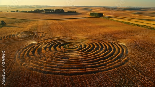 An aerial view of farmland and crop circles created by center pivot sprinkler systems photo