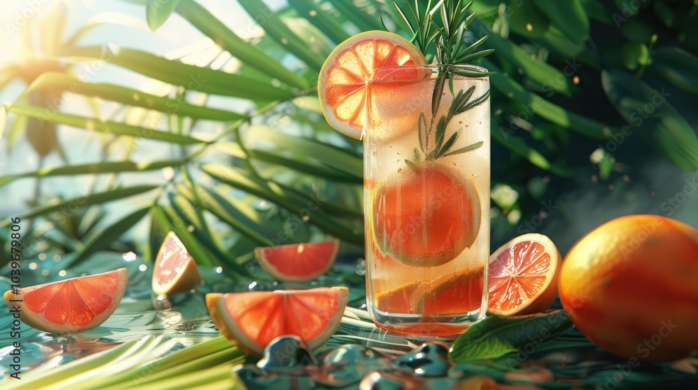 A chilled cocktail with fresh grapefruit slices and a sprig of rosemary under the shade of palm trees Summer cold drinks Soda with citrus A chilled cocktail with fresh grapefruit slices and a sprig of rosemary under the shade of palm trees Summer cold drinks Soda with citrus