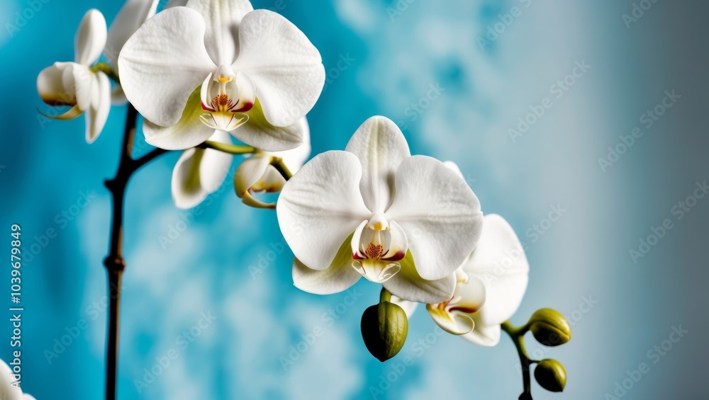 Obraz premium White Orchids in Bloom with Blue Background.