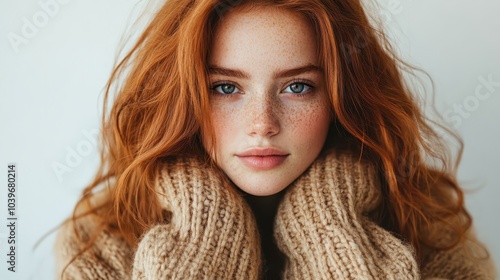 A soft-focused portrait of a young woman with red hair and freckles, perfectly captured in a moment of gentle introspection and tranquility represented in modern art.