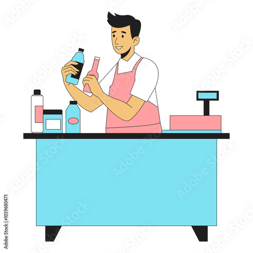 Cashier Standing at Cash Register Illustration