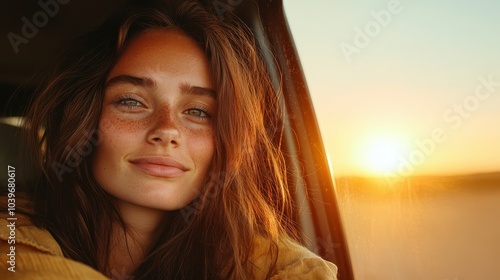 A portrait of a woman in a car, her expression serene as she enjoys the warm hues of a sunset, embodying a sense of peace and contentment in her gaze towards nature.