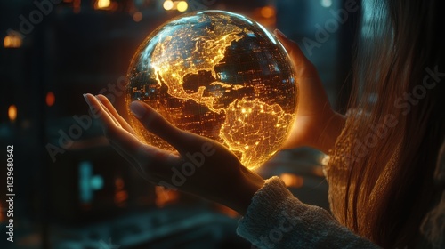 Close-up of a businesswomana hands gently cupping a glowing globe. The light from the globe casts a soft glow on her fingers, with a futuristic digital network overlay in the background.