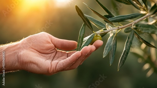 A close-up of a hand gently holding an olive from a branch, set against a warm sunset glow, symbolizing nature's bounty and human connection with the earth. photo