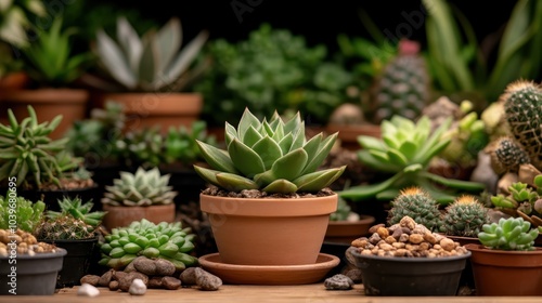 A diverse array of succulents and cacti in small pots arranged meticulously, displaying a rich tapestry of textures and forms within an intimate, curated setting.