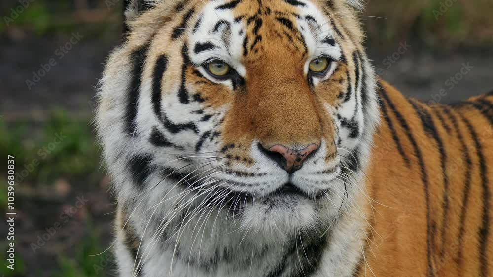 Siberian tiger (Panthera tigris altaica) alert look, cat watching its prey Siberian tiger (Panthera tigris altaica) alert look, cat watching its prey