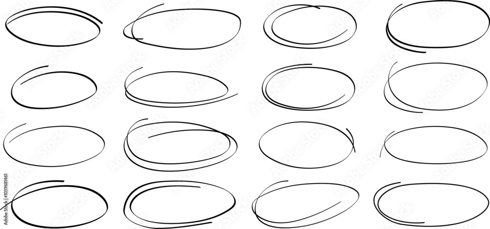 Hand drawn highlight editable stroke. Set of Sketches of ellipses and ovals. Collection of brush doodle elements and shapes for message notes Hand drawn highlight editable stroke. Set of Sketches of ellipses and ovals. Collection of brush doodle elements and shapes for message notes