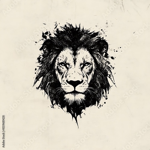 A black and white illustration of a lion's face with splatter paint effect. photo