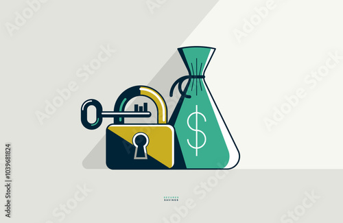 Money bags with padlock secured savings concept poster, vector icon style illustration of a moneybags with a lock, financial safety metaphor, personal finance protection.