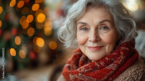 A woman with a red scarf and gray hair is smiling