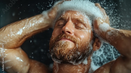 A man is captured in a moment of relaxation and refreshment as he shampoos his hair under a shower, with soap suds bubbling energetically over his head and face. photo