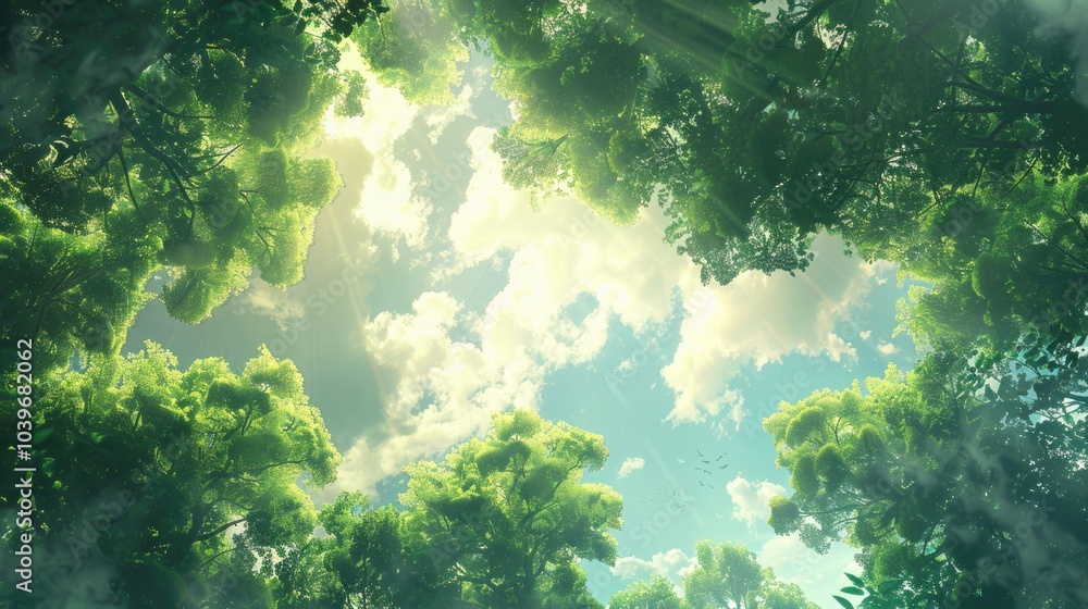 Lush green leaves bask in the open sky A canopy of leaves reaches for the vastness of the sky Lush green leaves bask in the open sky A canopy of leaves reaches for the vastness of the sky