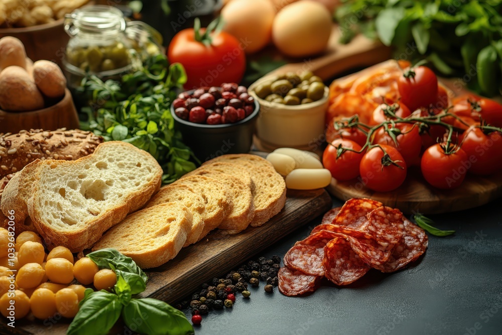 Fresh ingredients for a rustic Mediterranean meal preparation on a wooden table Fresh ingredients for a rustic Mediterranean meal preparation on a wooden table