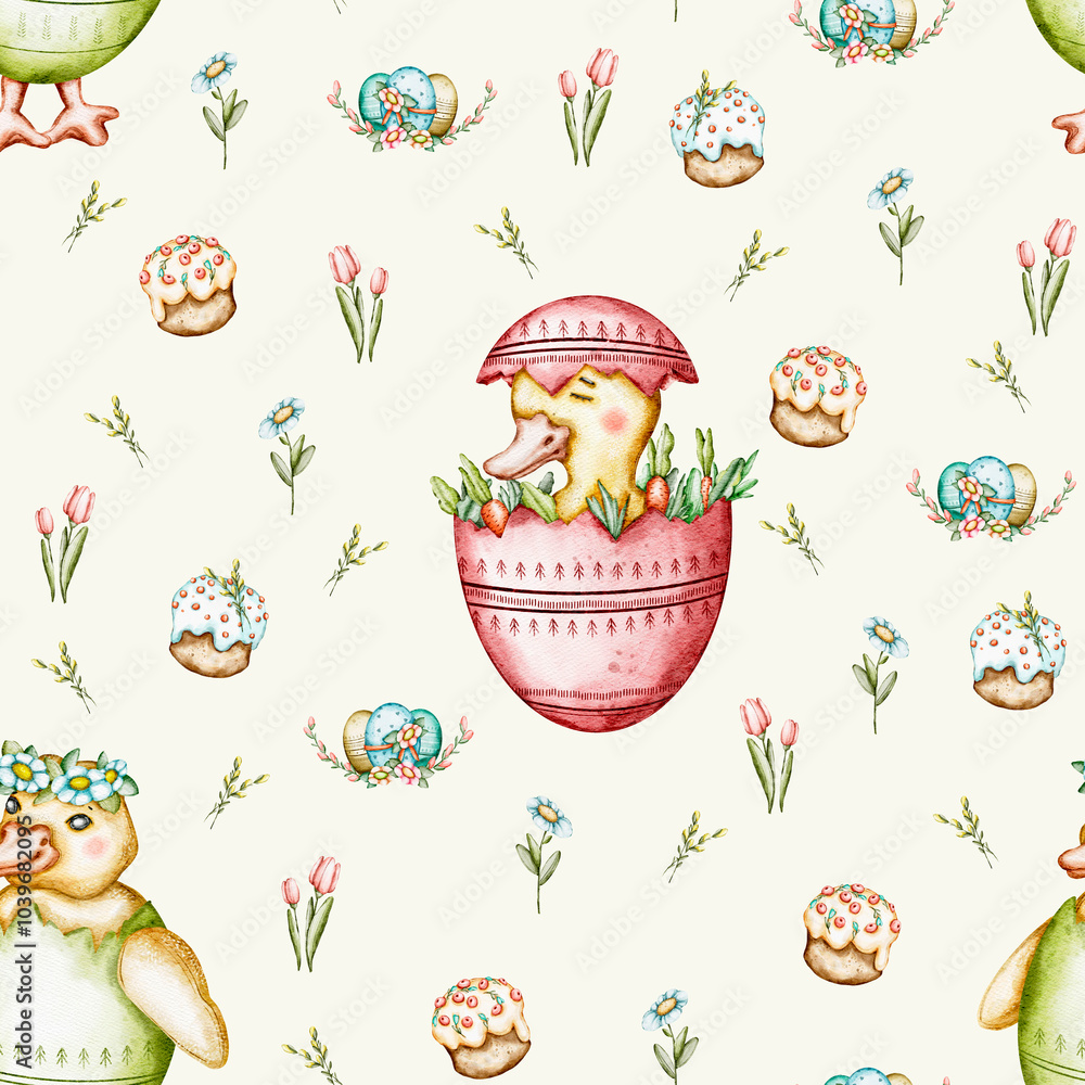 Fototapeta premium Seamless pattern of Bunnies and Ducks: Easter Rainbow