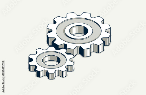 Teamwork concept, gears and cogs composition isometric 3D vector illustration, business team cooperation metaphor, mechanical engine.