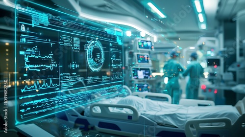 Wallpaper Mural Graphic visualization of AI systems managing patient care in an ICU with real-time data. Torontodigital.ca