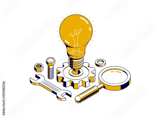 Innovation, invention and solution concept, light bulb with gear vector 3D isometric illustration or icon, technology and technics, mechanical engineering.