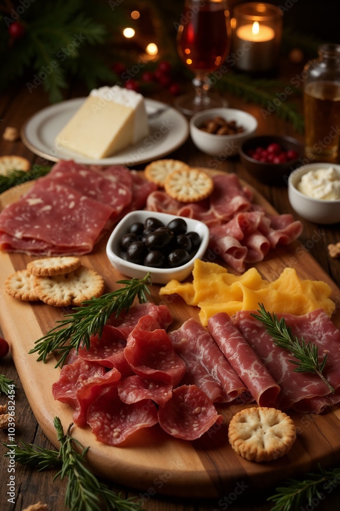 Festive Holiday Meat Platter with Cured Meats, Crackers, and Olives on Wooden Board Festive Holiday Meat Platter with Cured Meats, Crackers, and Olives on Wooden Board
