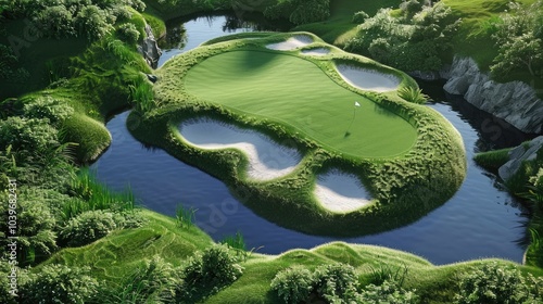 golf green with sand trap and pond photo