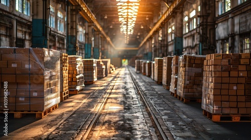 Wallpaper Mural Displaying rows of pallets and packed goods inside an expansive industrial warehouse with a warm, glowing light. Torontodigital.ca