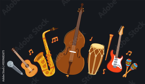 Jazz music band concept different instruments vector flat illustration on dark background, live sound festival or concert, musician different instruments set.