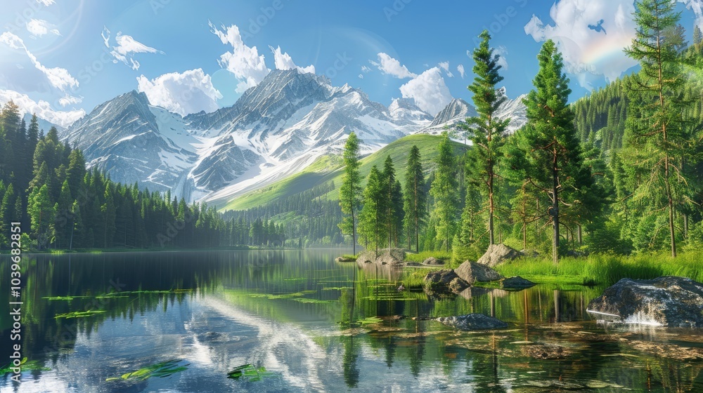 Fototapeta premium Taiga summer landscape The purest mountain lake in the forest Reflection of trees in the water Sunny afternoon on the shore of a mountain lake snow on the slopes are melting Panoramic view