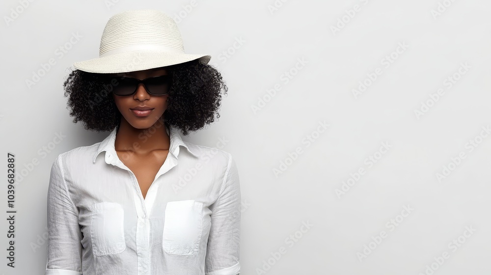 A woman in a white shirt and white hat poses, hands on hips, for the camera A woman in a white shirt and white hat poses, hands on hips, for the camera
