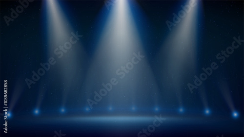 Stage, spotlight. Blue backdrop, dim, dark background for displaying products. Background spotlights. Light spot on scene. Shining stage blue lights with ramp illumination. Vector illustration