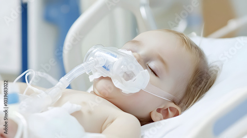 baby is lying on hospital bed, receiving respiratory support via mask in intensive care unit. image captures medical setting with focus on healthcare and treatment. baby is lying on hospital bed. baby