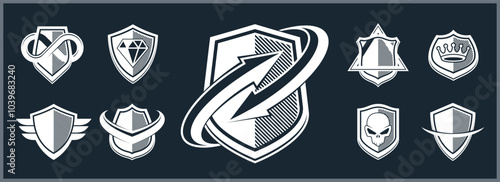 Classic shields shapes set with different additional elements vector symbols set, defense and safety icons, ammo emblems collection.