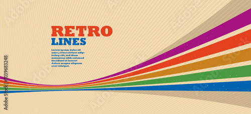 Retro style abstract background with curve lines in all colors of rainbow, 3D dimensional seventieth vector art.