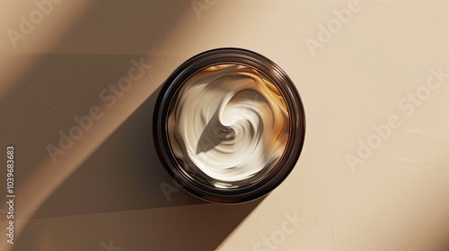 Top down shot of face cream in a jar Lid removed macro shot of a moisturizer whip photo