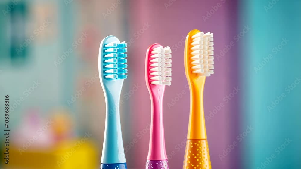 Three colorful toothbrushes stand in front of a blurred background Three colorful toothbrushes stand in front of a blurred background