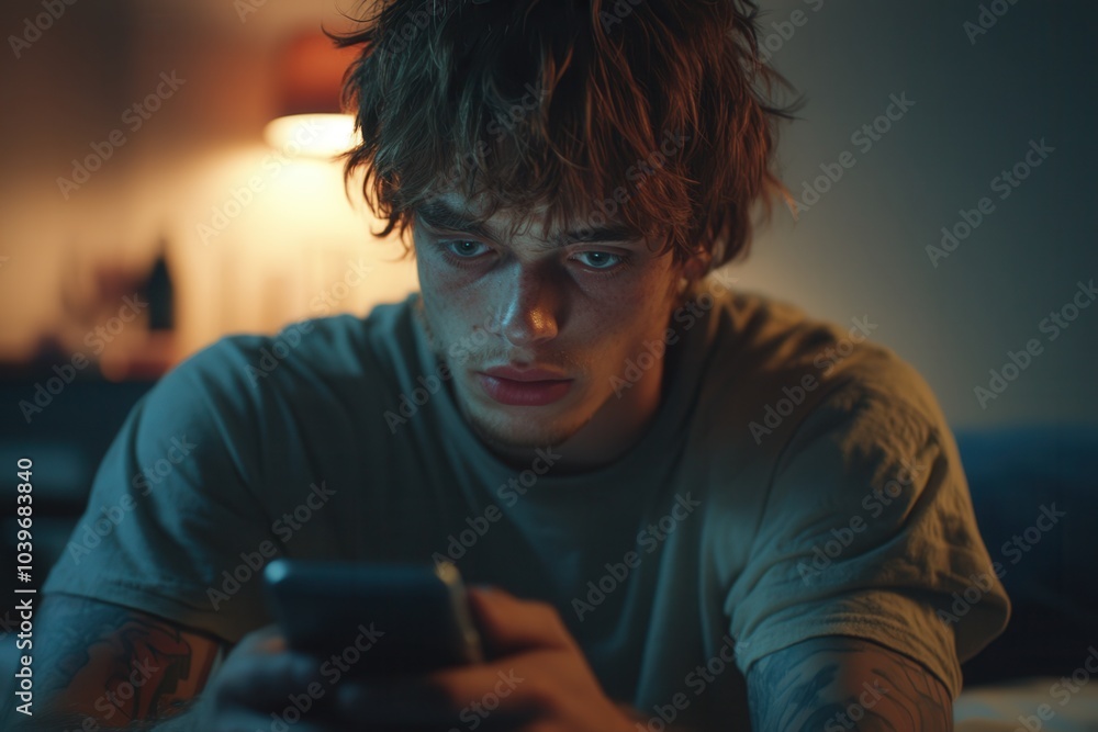 Young Man in Quiet Room Using Smartphone Young Man in Quiet Room Using Smartphone