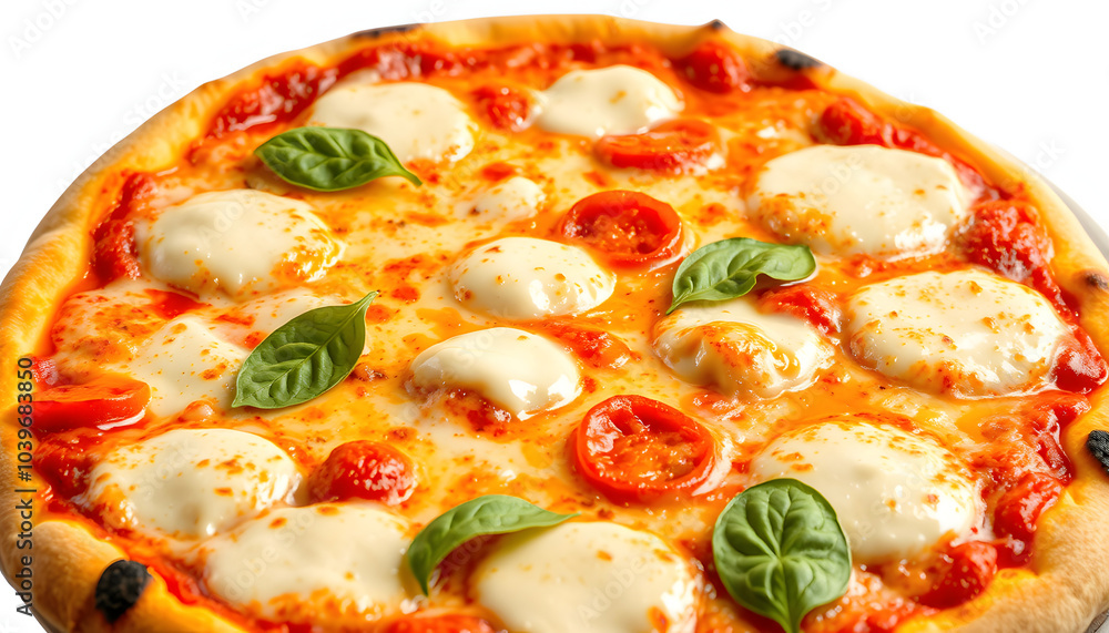 Freshly baked pizza with melted mozzarella isolated with white highlights, png Freshly baked pizza with melted mozzarella isolated with white highlights, png
