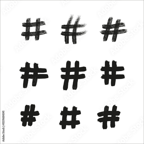 Hashtag grunge icon set - hand painted hash signs. Hashtag character, useful design element for social media trending tags.