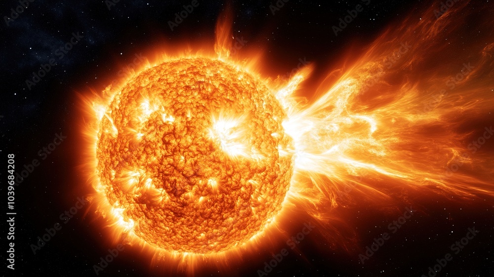 A sun that emits a giant solar flare. Powerful bursts of energy on the surface of the Sun, occurring in its active zones, where the magnetic fields are most intense. A sun that emits a giant solar flare. Powerful bursts of energy on the surface of the Sun, occurring in its active zones, where the magnetic fields are most intense.