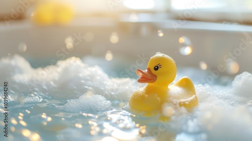 Closeup of yellow rubber duck in bathtub with lots of foam