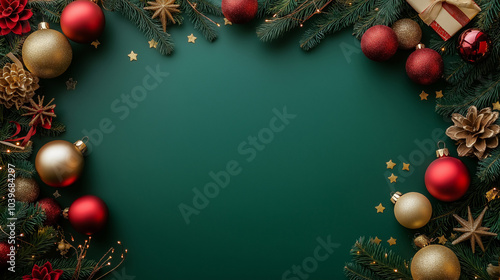 Christmas Green Background with Red and Gold Ornaments Pine Branches and Gift Box