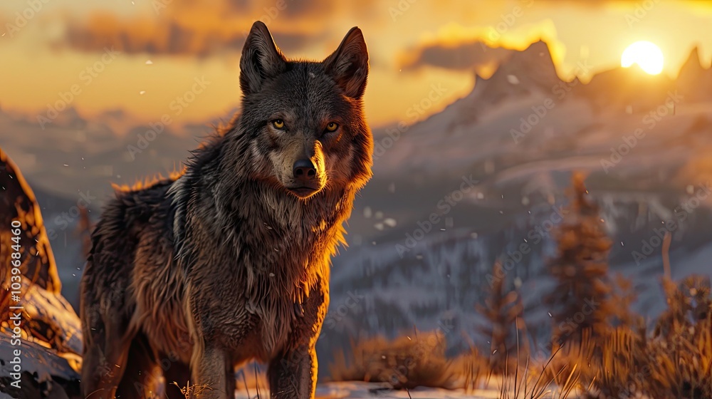 A grey wolf in the Rocky Mountains at sunset A grey wolf in the Rocky Mountains at sunset