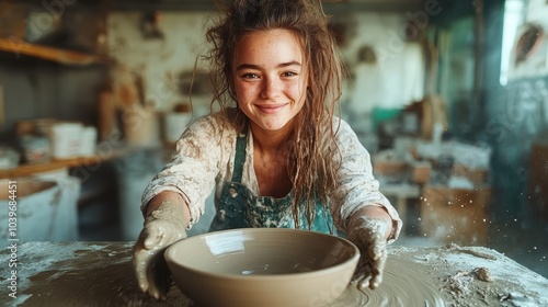 A young artisan is intently focused as she sculpts clay on a wheel in a bustling workshop, surrounded by the energy and art of pottery creation. photo