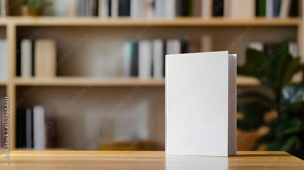 © Gita - blank white book mockup stands on wooden table, with blurred bookshelf and plant in background. Perfect for books mockups, education, or publishing themes mockup