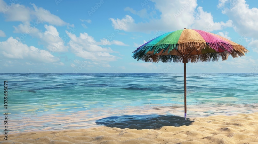 A vibrant multicolored straw beach umbrella providing shade on a serene sandy beach by the ocean Clear blue skies and calm waters create a peaceful atmosphere A vibrant multicolored straw beach umbrella providing shade on a serene sandy beach by the ocean Clear blue skies and calm waters create a peaceful atmosphere