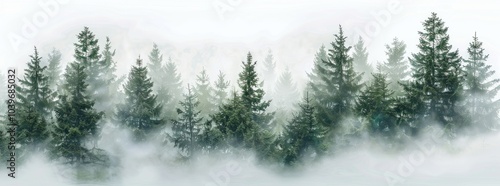 A row of trees in a foggy forest with a white background