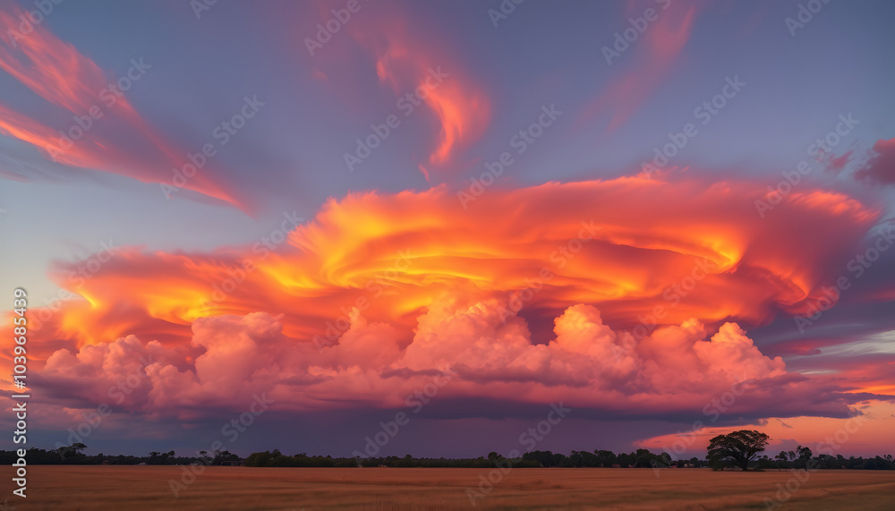 Obraz premium Big Dramatic Orange Red Rolling Clouds Time Lapse During Beautiful Epic Sunset Australia Maffra Gippsland Victoria isolated with white highlights, png