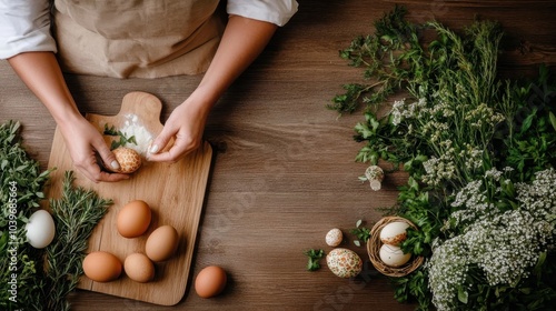 An arrangement of fresh eggs and a selection of herbs on a wooden cutting board, showcasing the natural and organic elements of a culinary preparation phase. photo