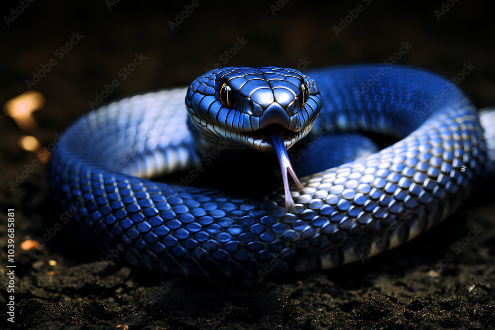 Fototapeta premium A close-up image of a blue snake with a forked tongue out, set against a dark background.