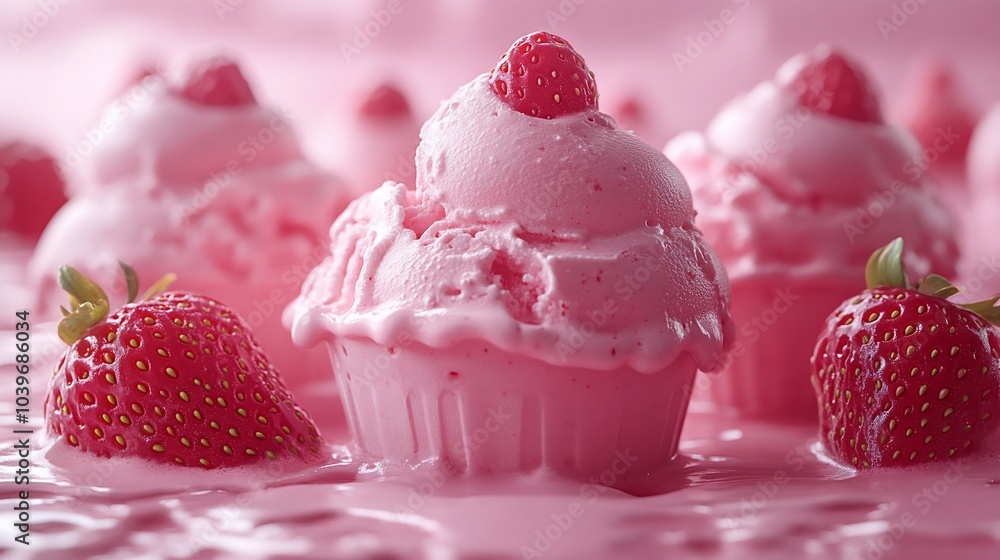 A delightful scene of pink ice cream cupcakes topped with strawberries in a creamy setting. A delightful scene of pink ice cream cupcakes topped with strawberries in a creamy setting.