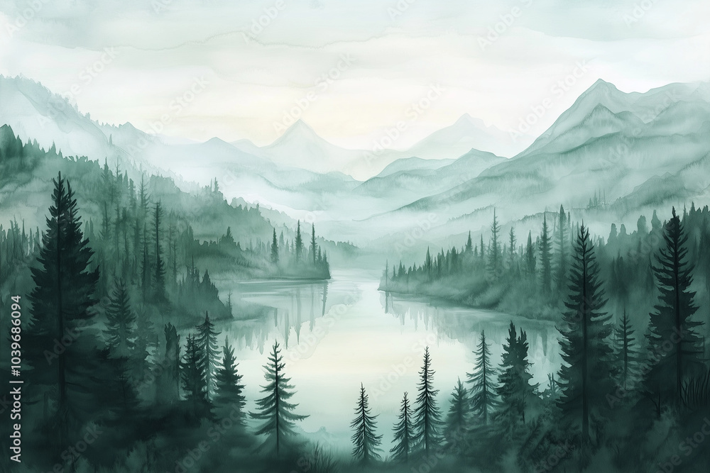 Fototapeta premium Abstract watercolor painting of a misty pine forest surrounding a calm lake, with distant mountains fading into the background. Soft green tones and layered trees, peaceful and atmospheric landscape