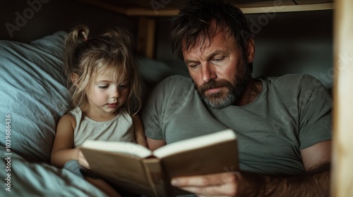 A father is spending quality storytime with his little daughter, capturing an intimate and heartwarming scene of familial bonding and togetherness.